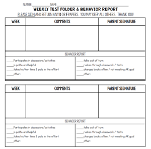 Students take home these weekly test folders. The take home folders include weekly tests and a weekly behavior sheet. Download the pages for free.