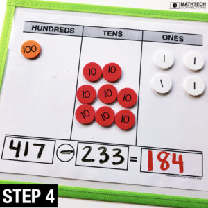 Review place value addition and subtraction with 3rd and 4th grade students. Use base ten blocks or place value disks to review addition and subtraction. Free Place Value resources for guided math groups.