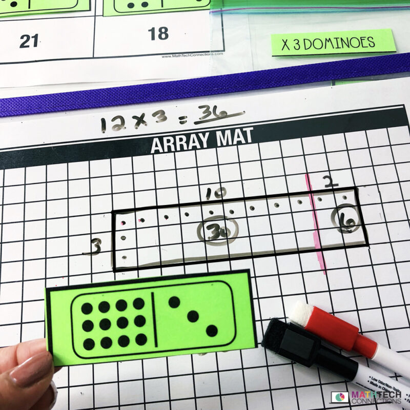 Multiplication Array Mat - Students show their work on this mat. They can use strategies such as breaking up an array into two smaller arrays which illustrates the distributive property of multiplication over addition.