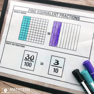 Equivalent Fractions with denominators 10 or 100. Free printable for guided math group lesson.