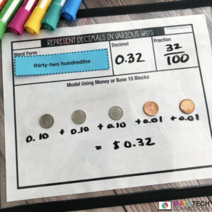 Using money to represent decimals. Free decimals lesson for guided math groups 4th or 5th grade.