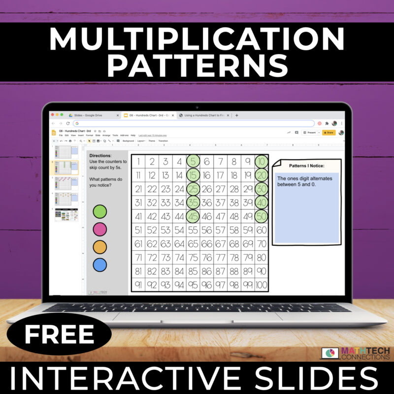 Free 3rd grade google slides to review patterns in multiplication facts. Use the interactive counters to highlight numbers as you skip count and look for arithmetic patterns. 