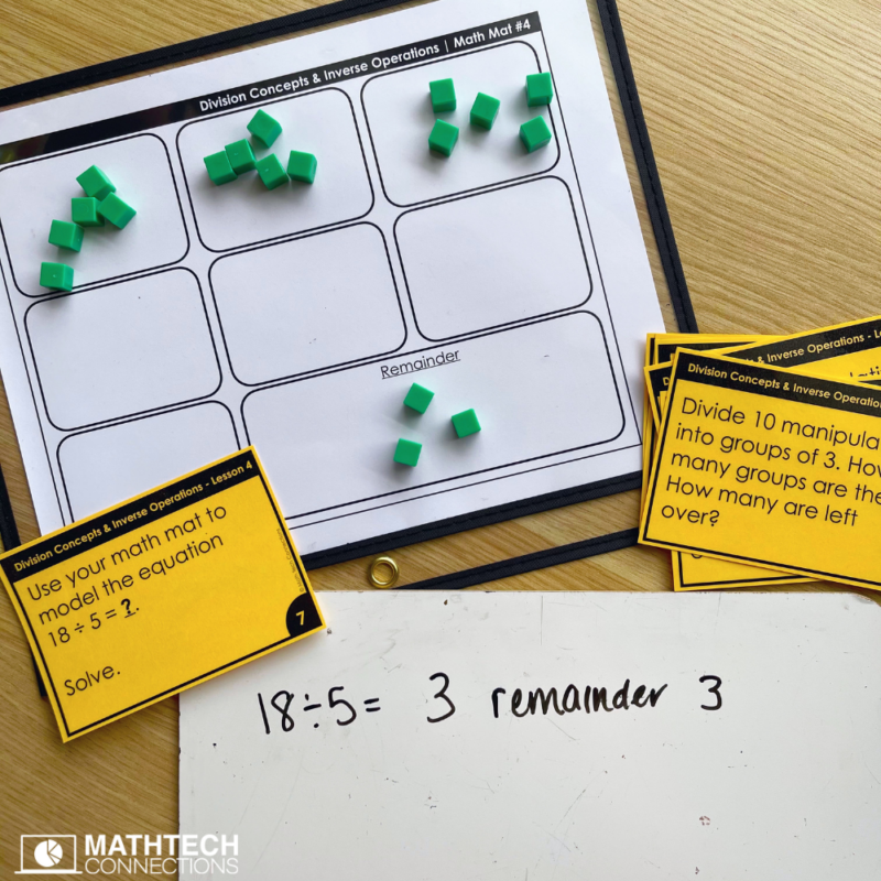 Division with Remainders math mini-lesson, hands-on activity and task cards, practice pages, and exit ticket. Teacher division with remainders with this complete mini-unit.