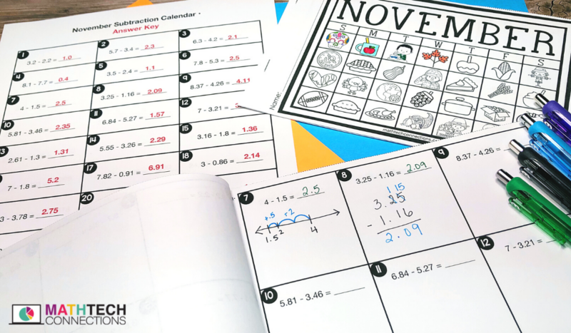 5th grade math - November Math Activities - Subtracting Decimals daily practice