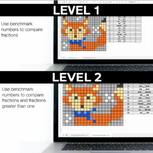 Winter Holiday Math Activities for Elementary Students - Comparing Fractions Pixel Art for 4th Grade