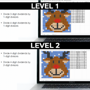 Winter Holiday Math Activities for Elementary Students - Long Division Pixel Art for 4th Grade